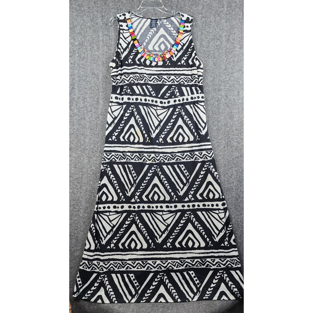 Faded Glory Maxi Dress Women 2X Black White Tribal Beaded Neckline fw23712